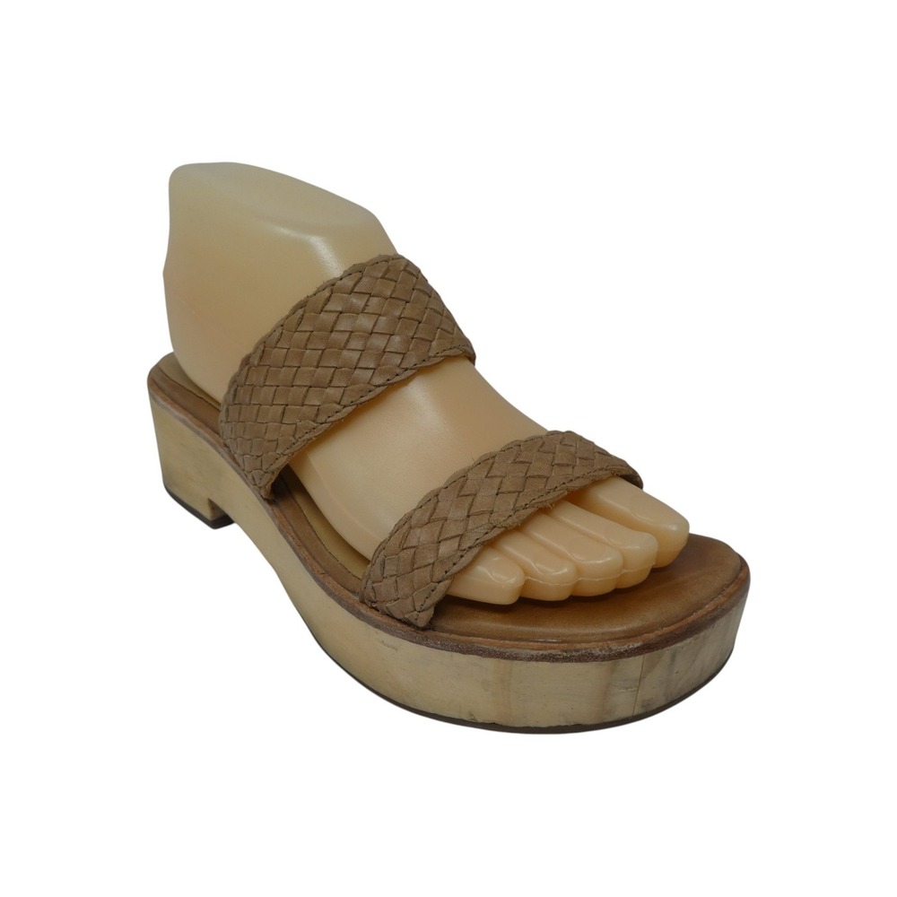 Nisolo Platform Slide Sandal Women 8.5‎ Brown Woven Leather Wood Heel  Open Toe